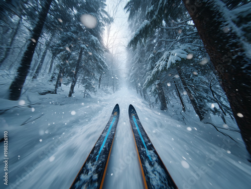Skiing down snowy mountain trail through pine forest