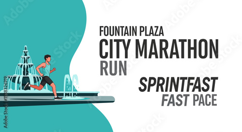 Runner Sprinting Near Fountain Plaza During City Marathon Race Illustration
