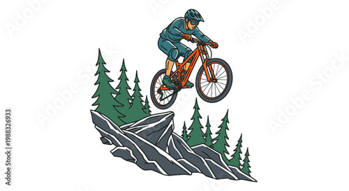 Mountain Biker Jumping Over Rocky Terrain Vector Illustration for Extreme Sports and Outdoor Adventure Lifestyle Graphic Design