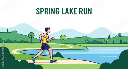 Runner Sprinting Near Lake in Vibrant Landscape and Engaging Illustration Design