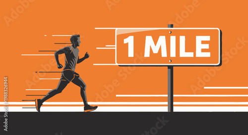 Runner Towards Mile Marker Showing Stamina and Determination on an Orange Background