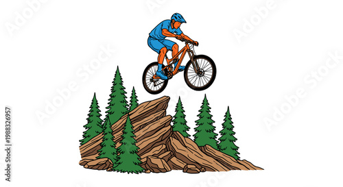 Mountain Biker Jumping Over Rocky Terrain Vector Illustration, Extreme Sports Outdoor Activity Graphic Design