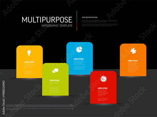 This modern infographic template features five colorful steps on a dark background. Each infographic element includes an icon and text area designed for professional business presentations.