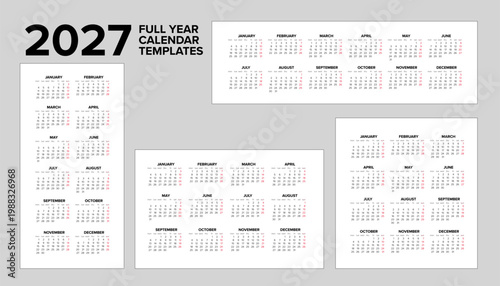 Professional set of 2027 full year calendar templates in various layouts. This 2027 full year calendar collection features clean minimalist designs perfect for annual planning.