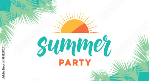 Summer party invitation, tropical palm tree decoration, colorful sun illustration, festive event banner