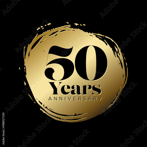Celebrate a 50 years anniversary with this luxury golden logo and black typography. This 50 years anniversary emblem features a brush stroke gold circle for a premium celebration look.