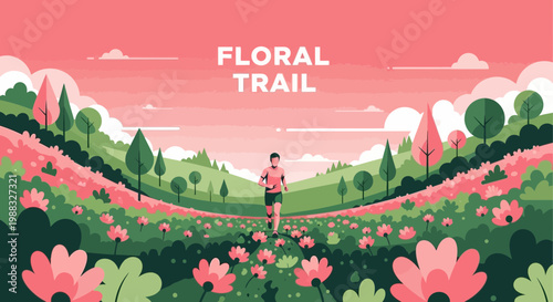 Runner traverses a vibrant floral path enjoying nature's colorful, inspiring beauty perfectly
