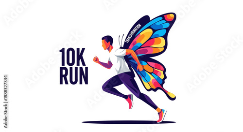 Runner Transforming with Colorful Vector Butterfly Wings, Concept of Change and Growth