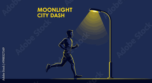 Runner Under Moonlight, City Silhouette, Illuminated by Street Lamp, Vector Illustration