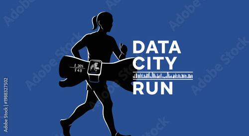 Runner Utilizing Smartwatch And Data Visualization For Urban Marathon, Concept, Lifestyle