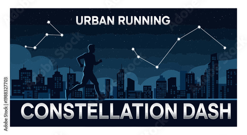 Runner's Silhouette Against Urban Skyline, Connected Stars Depicting Nighttime Constellation