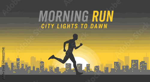 Runner's Silhouette At Sunrise, City Skyline And Morning Run Concept Design