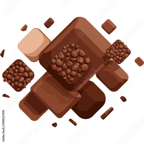 Delicious chocolate bars and chunks with nuts scattered on a surface