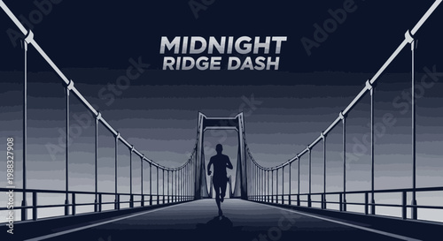 Runner's Silhouette on a Long Bridge at Sunrise Over The Horizon, Evening Race