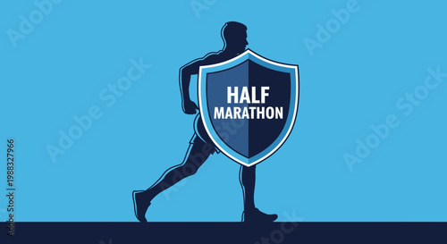 Runner's Silhouette Protecting Half Marathon Emblem Displaying Endurance and Achievement Victory