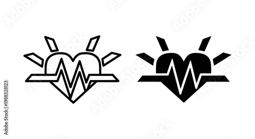 Heartbeat icon with sun rays, medical pulse symbol, vector illustration of heart rhythm