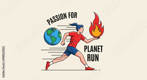 Running For The Planet: A Conceptual Illustration With The Earth And A Flame