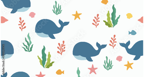 Seamless whale pattern vector with seaweed starfish and seashells cute ocean design on white background
