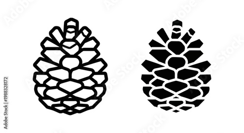 Set of pine cone icons, vector illustration of coniferous tree fruit in outline and solid black style
