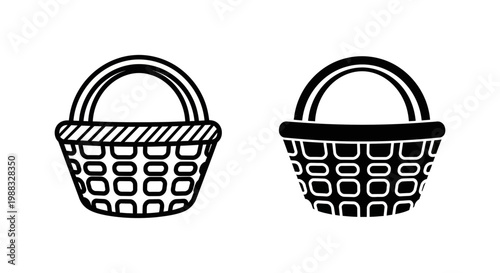 Set of two wicker baskets, hand drawn sketch and solid black silhouette, vector illustration