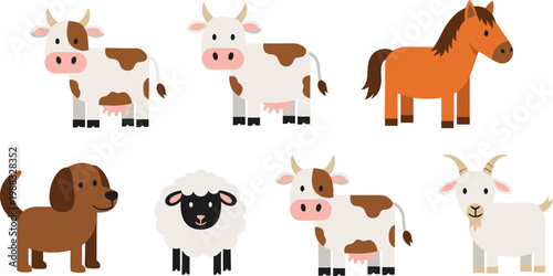 Farm Animal Icon Set with Cow, Horse, Sheep, Dog, and Goat for Agriculture, Animal, and Rural Design
