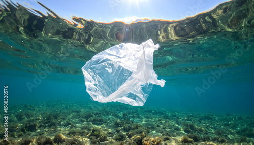 white plastic bag floating in deep sea