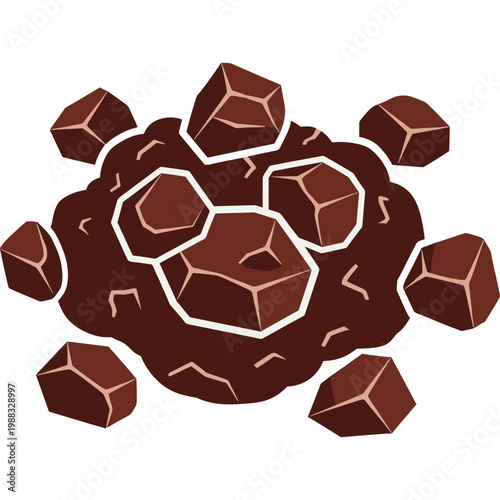 Chocolate chunks scattered on top of a pile of melted chocolate on a plate