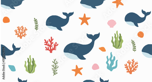Ocean seamless vector pattern with cute whales starfish seashells and seaweed on white background