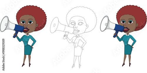 Cartoon african american woman with red afro hairstyle holding blue and white megaphone  businesswoman speaking loudly  illustration