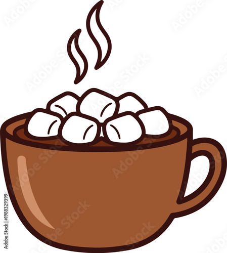 A warm mug of hot cocoa topped with fluffy marshmallows and rising steam illustration.
