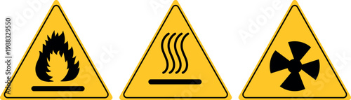 Fire and radiation hazard triangle icons set – yellow warning signs, danger symbols
