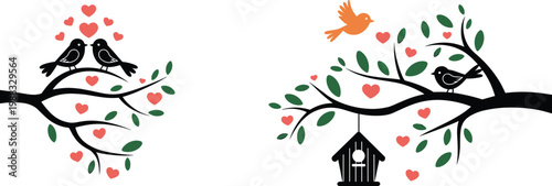 Romantic birds on tree branches with hearts and birdhouse, colorful vector illustration, love concept design elements isolated on white background, cute spring nature clipart