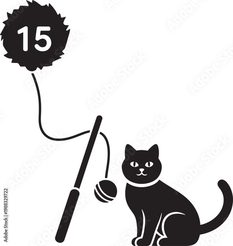 Black cat playing with feather toy and ball on stick  fun and playful scene