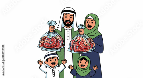Muslim Family Celebrating Eid al-Adha with Meat Qurbani Vector Illustration, Happy Parents and Children Holding Bags of Fresh Beef for Charity and Festive Meal