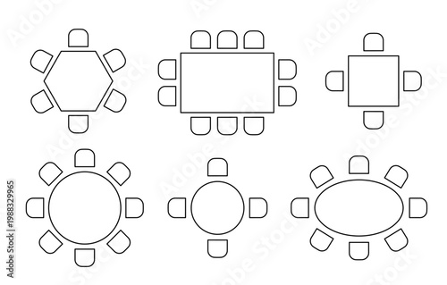 Floor plan icons set showing round table with chairs from top view for restaurant layout design, wedding seating arrangement, and event planning blueprints.
