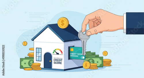 Hand inserting coin into house piggy bank with money and credit card.