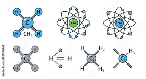 Collection of chemical molecule and atom illustrations.