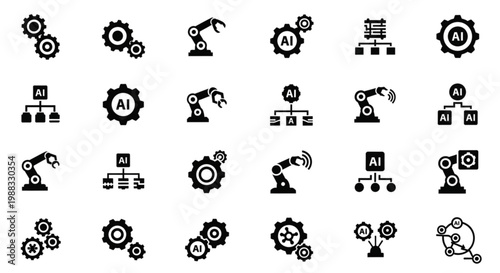 Automation AI Black Silhouette Icon Set Gears Robotic Arm Process Flow System Integration Vector Collection