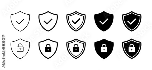 Premium security shield icon set with check marks and padlocks, safety shield symbols. Modern protection logotypes collection, vector illustration.