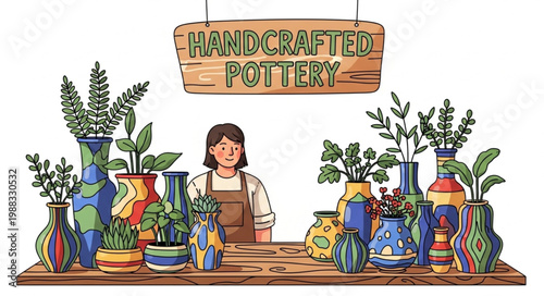 Handcrafted Pottery Shop Display with Female Artisan.