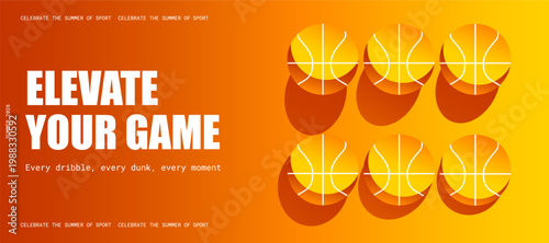 Basketball Sport Banner Template Vector with Ball Grid and Bold Typography on Orange Yellow Gradient Background for Tournament Championship and Club Promotion Web Commercial Banner