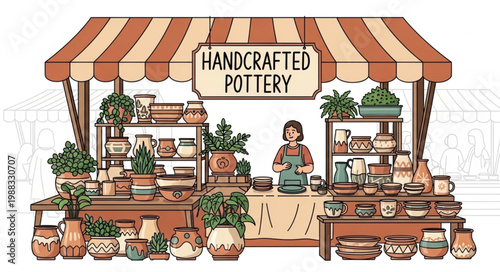 Handcrafted Pottery Stall Displaying Various Ceramic Items.