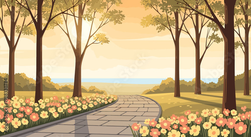 Serene Pathway Through a Sun-Dappled Park Lined with Blooming Flowers and Towering Trees