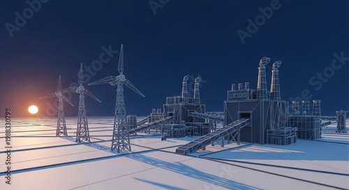 Industrial power plant complex with wind turbines at sunset.