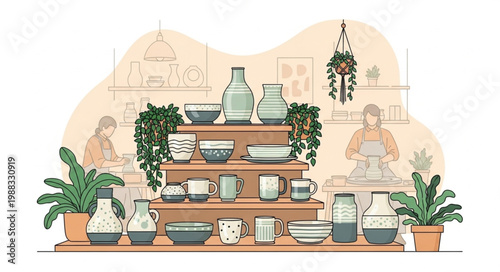 Handmade Ceramic Pottery Displayed on Wooden Shelves with Plants.