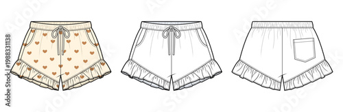 Ruffle Hem Lounge Shorts technical fashion illustration. women sleepwear shorts vector template. elastic waistband drawstring. frill hem. heart print. front back view. casual loungewear. CAD mockup.