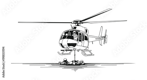 Helicopter, Aircraft, Transportation, Vector Illustration, Black and White