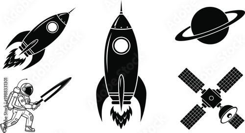 Retro black white space set with two rockets, astronaut holding sword, saturn planet, and satellite vintage illustration