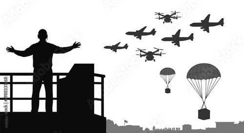 Military, war, silhouette, vector illustration, aircraft, parachutes, man, cityscape, black and gray