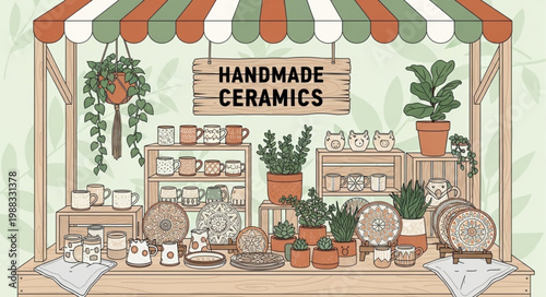 Handmade Ceramics Stall Displayed at Outdoor Market.